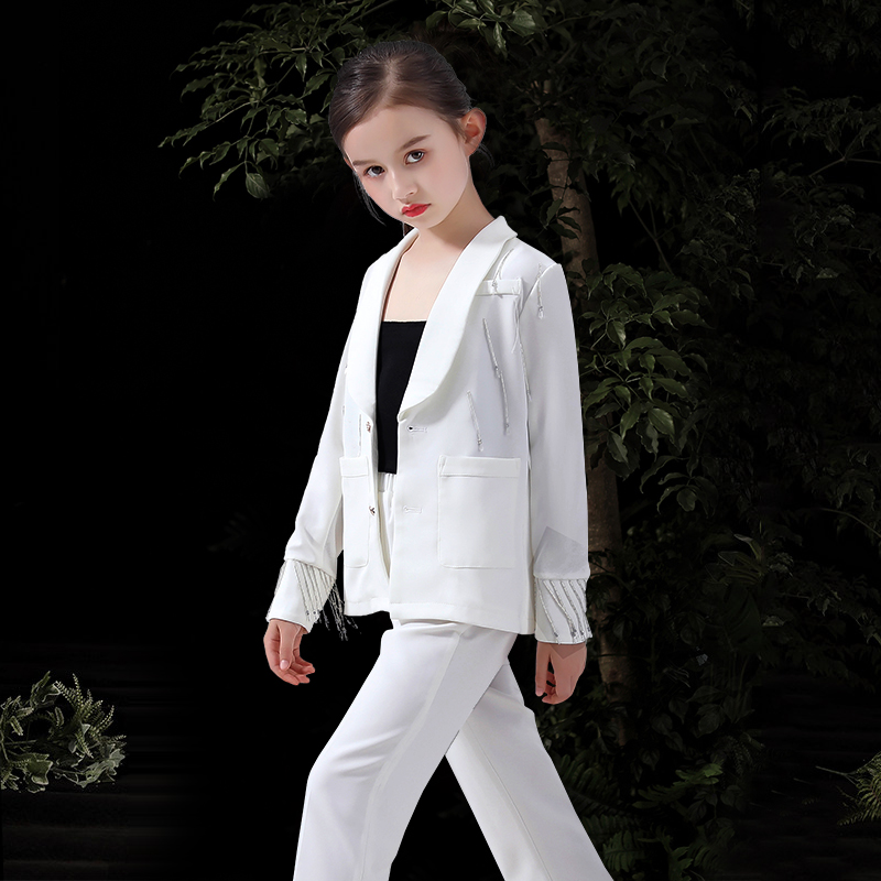 儿童白色西服礼服走秀模特女童主持人西装女孩高端个性潮服演出服