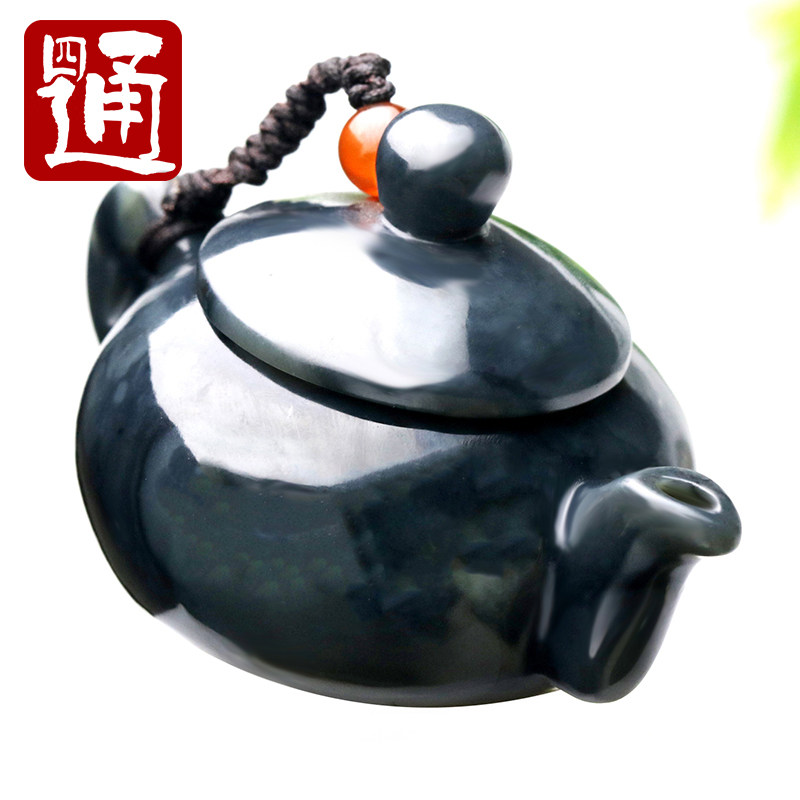 四通新疆和田玉茶壶天然黑羊脂玉石小茶壶墨玉把把壶手把件玩件