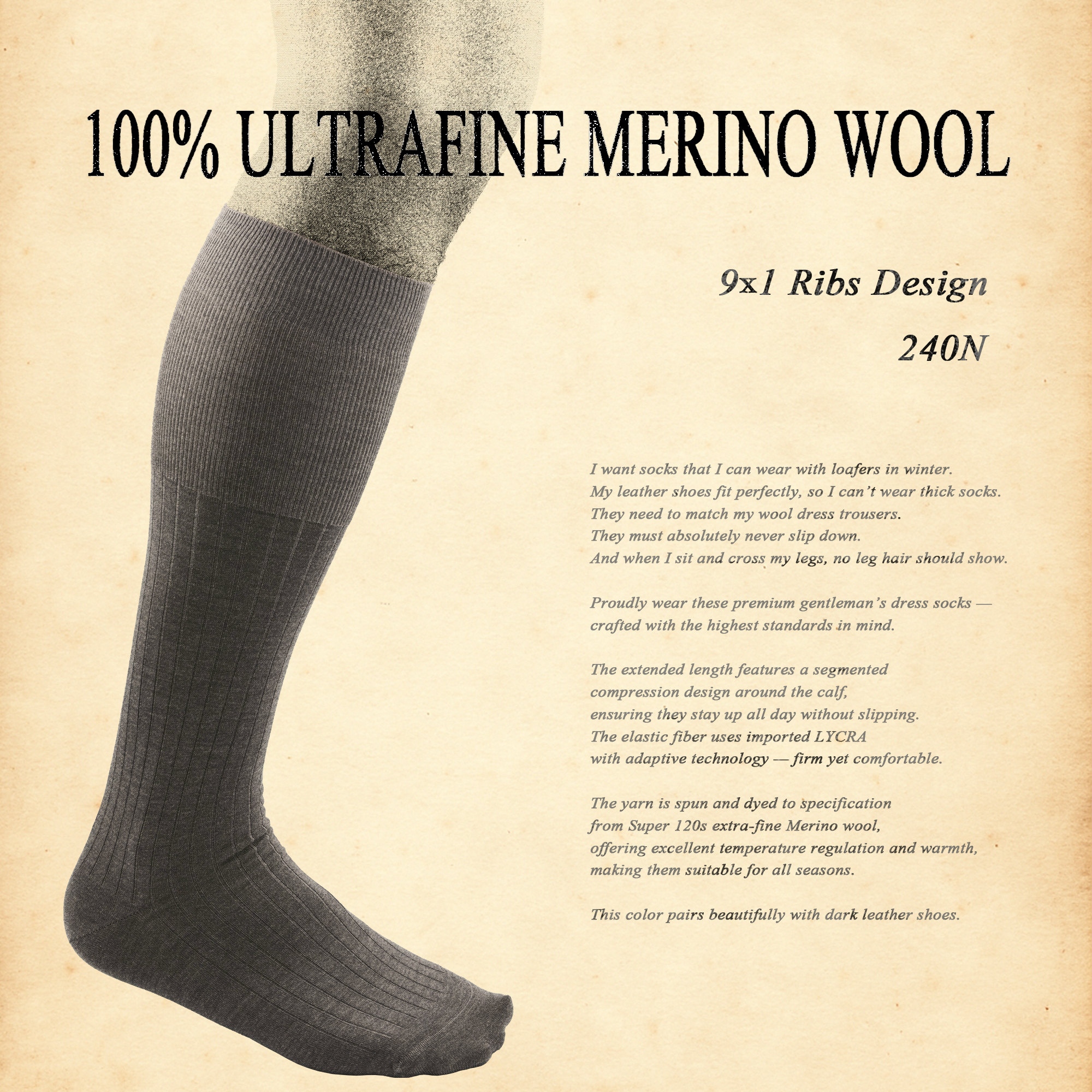 Beeff男士 中长筒商务绅士正装袜保暖“薄”进口澳洲美利奴羊毛袜