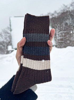 BEEFF男女 复古棕蓝三色条纹粗针中筒袜子 保暖秋冬无骨棉袜 原创