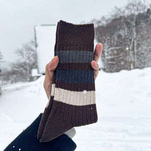 复古蓝棕粗条纹无骨粗针中筒袜