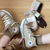 简约美式 Beeff女士 复古粗针编织棉袜子 咖啡卡其色中筒袜韩系ins