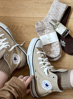 Beeff女士 复古粗针编织棉袜子 简约美式咖啡卡其色中筒袜韩系ins