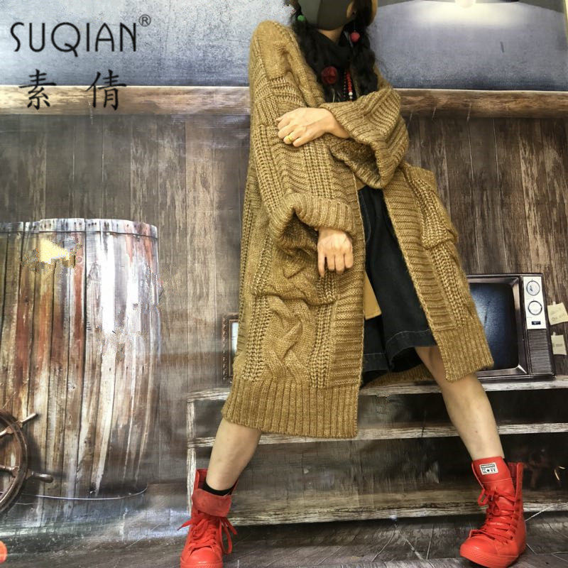 素倩（服饰）大码镂空中长款毛衣外套女2020秋季新款纯色麻花外套