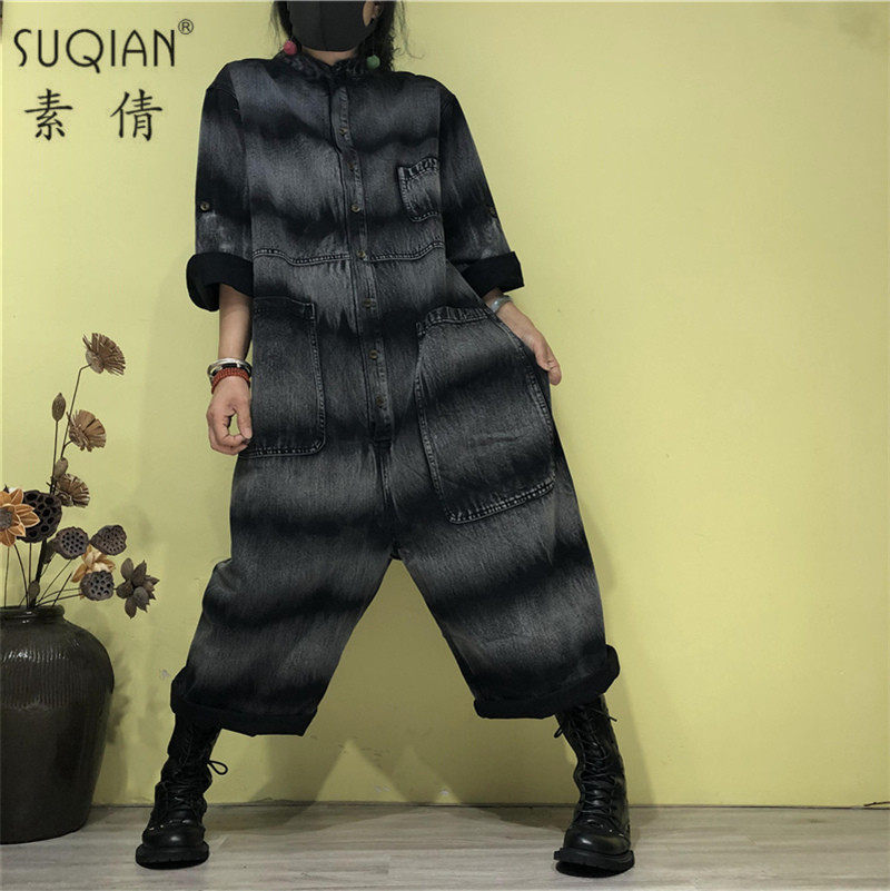 素倩（服饰）连衣裤女2020秋季复古做旧磨白牛仔连体裤宽松阔腿裤