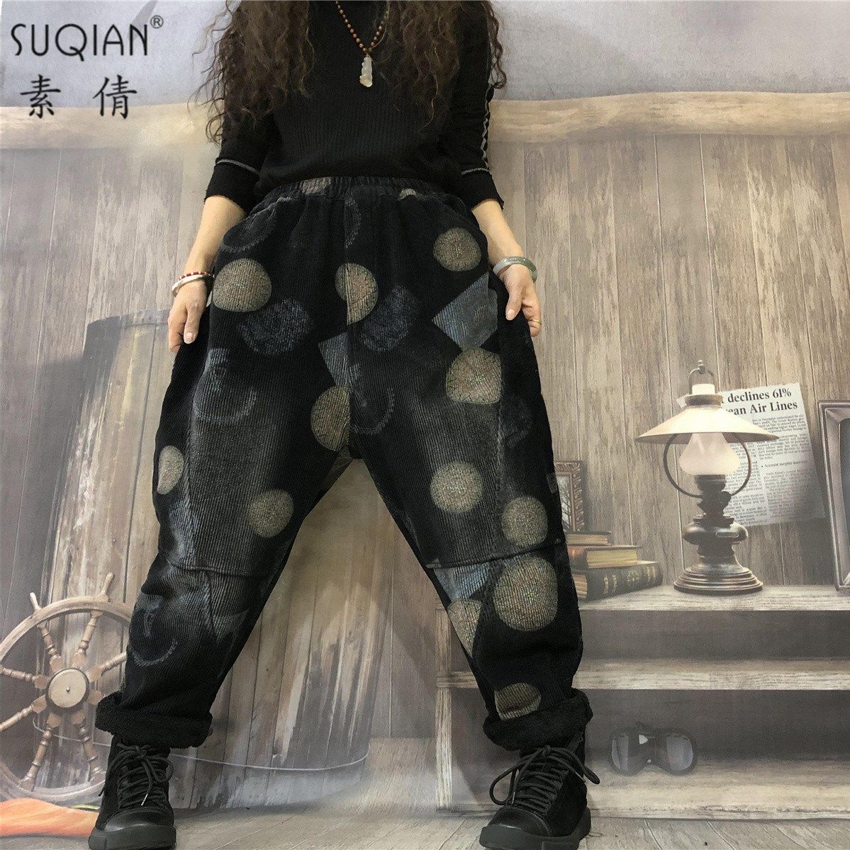 素倩(服饰)复古大码灯芯绒裤子女加绒显瘦百搭大波点裤冬季新款