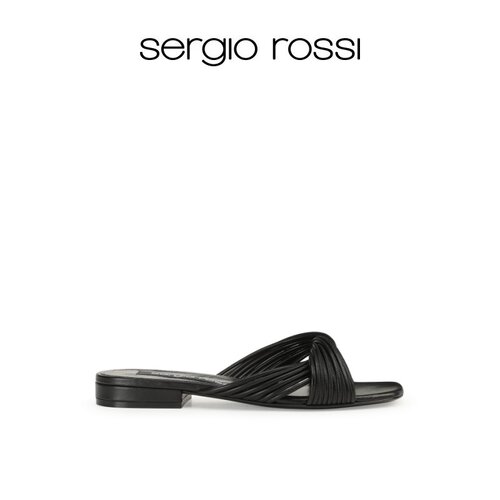 Sergio Rossi/SR女鞋 SR AKIDA系列黑色交叉带平底凉鞋女时装凉鞋