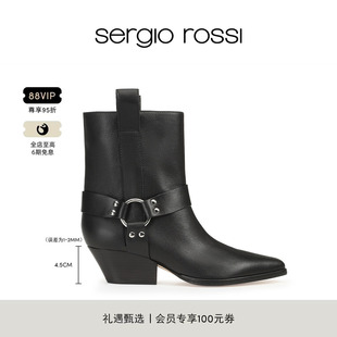 Sergio Rossi SR JANYE系列 束带搭扣复古中筒尖头短靴