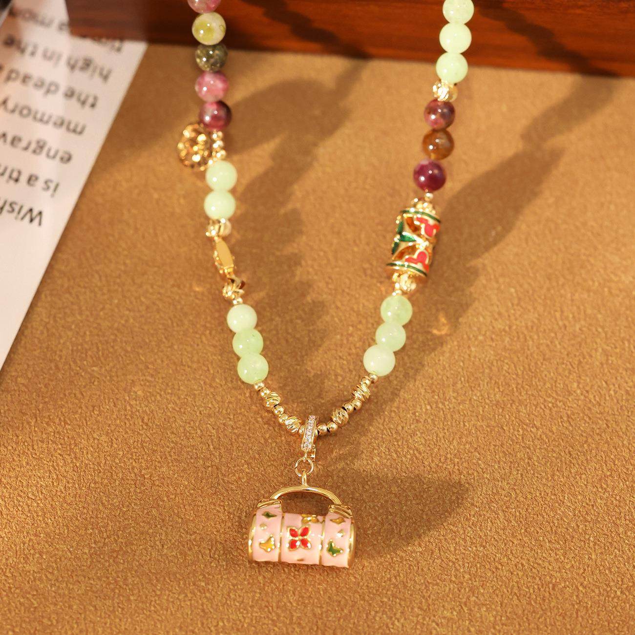 新中式国风设计珐琅彩锁包项链天然串石复古时尚高级感锁骨链女,饰品/流行首饰/时尚饰品新,项链,淘宝优惠券,粉丝福利购,淘宝优惠卷