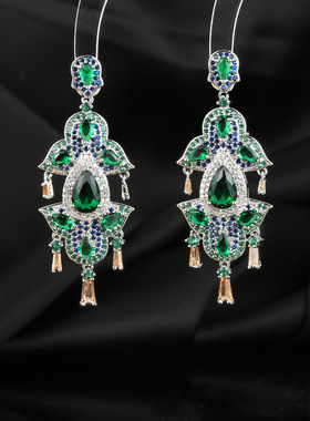 2025时尚同款重工珠宝款轻奢风祖母绿色系微镶锆石耳环耳坠女