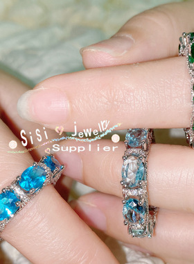 Sisi油画孔雀绿宝石戒指镀18K 轻奢水影蓝锆石长方椭圆海蓝宝排戒
