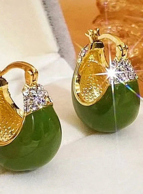 气质高级感绿色滴油闪钻耳环女2025年新款时尚提摇篮耳扣复古耳饰