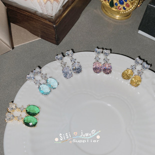 SIsi星期彩虹色系轻奢简约耳坠女 镀18k金微镶绿尖晶百搭彩宝耳钉