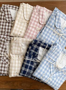 无印风情侣睡衣套装经典格子透气双层棉纱婴儿棉纱长袖长裤家居服