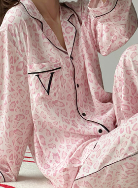 VS莱赛尔天丝睡衣春秋高级感豹纹长袖长裤睡衣大V气质甜美家居服