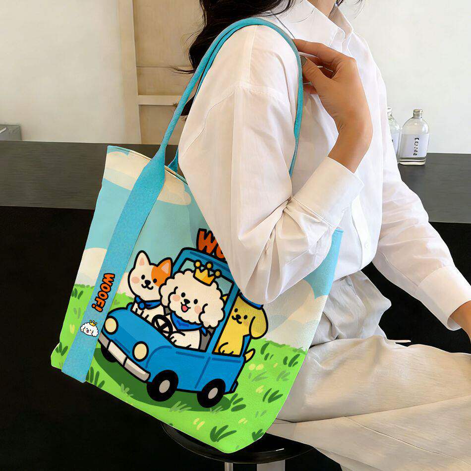 春游小狗新款时尚卡通加厚帆布包单肩包学生春季旅行收纳包ins包