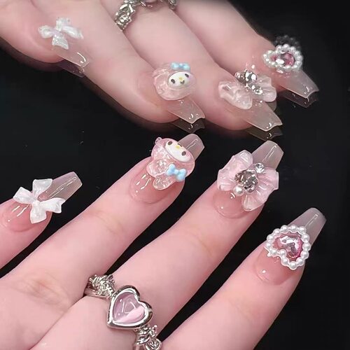可爱多巴胺美乐蒂少女手工穿戴甲中长款梯形学生甜妹卡通显白美甲