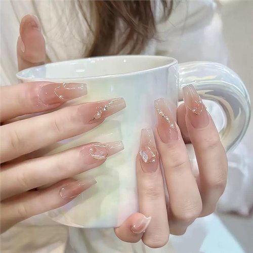 纯欲冰透腮红蝴蝶结珍珠猫眼手工穿戴甲中长款高级感显白气质美甲