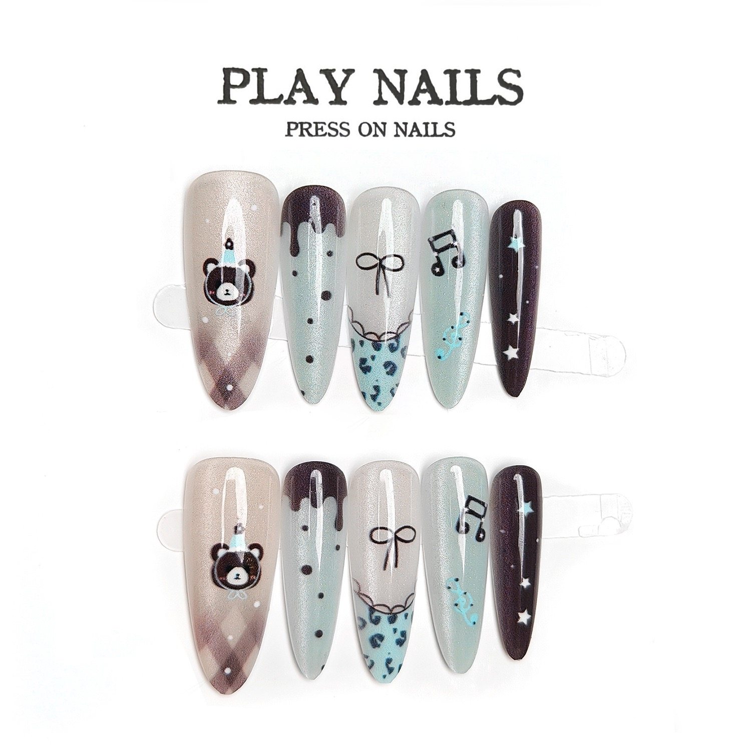 秋冬豹纹小熊星星蝴蝶结手工穿戴甲中长款梯形格子高级感气质美甲