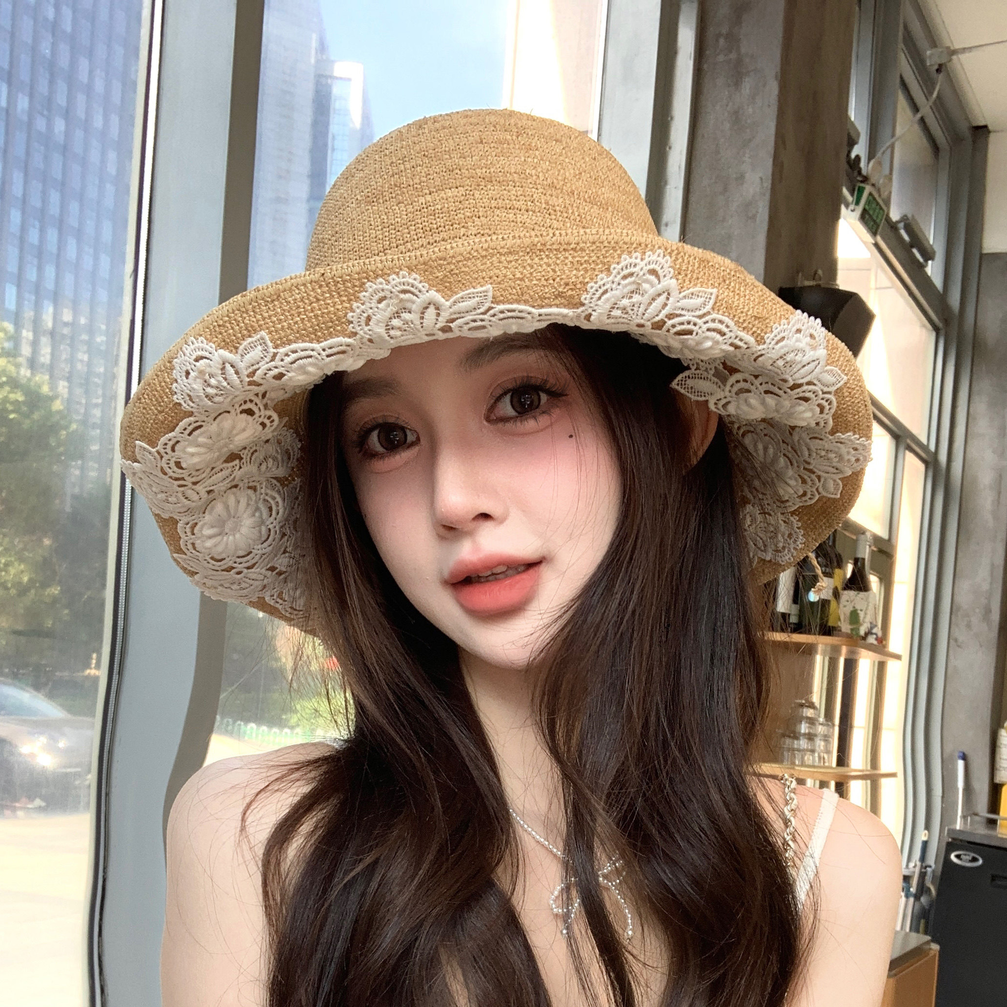 2025新款蕾丝拉菲草帽女夏季帽子