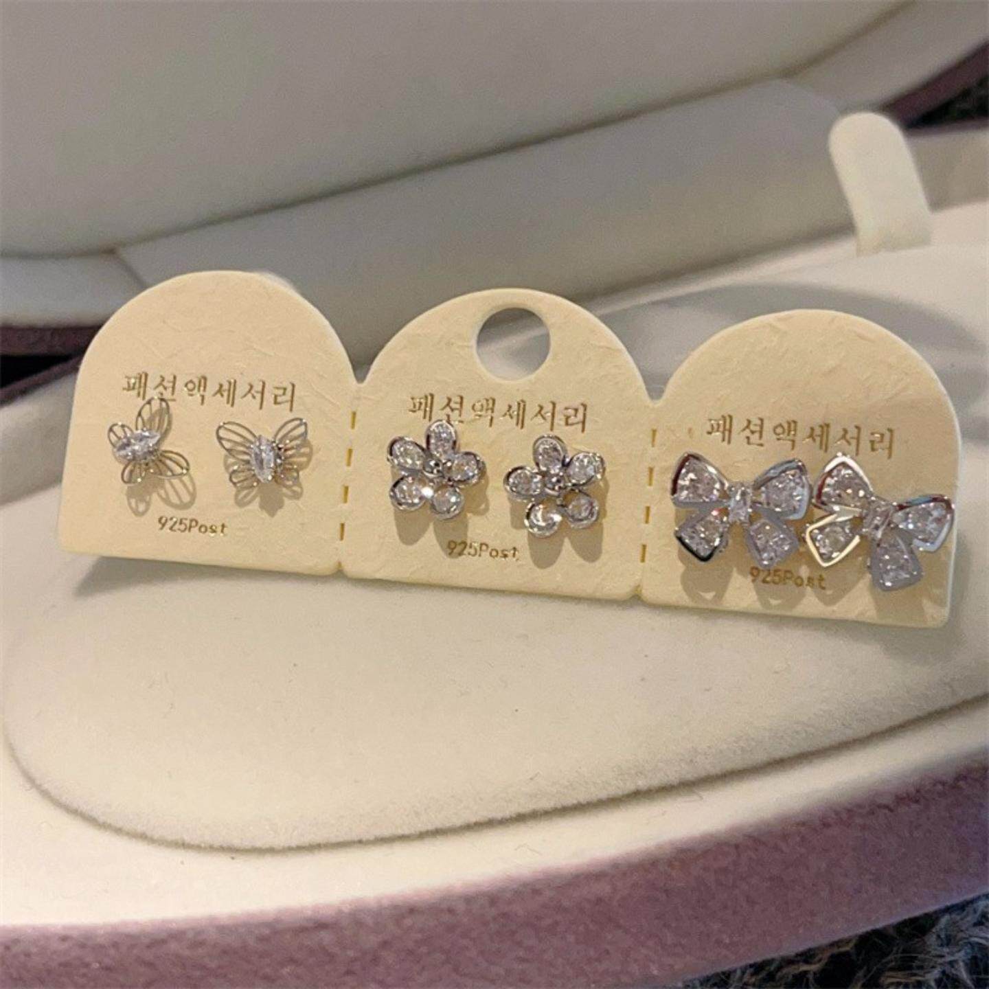 轻奢风真金电镀个性铜镶锆石三对装小耳钉高级感蝶恋花耳环养耳