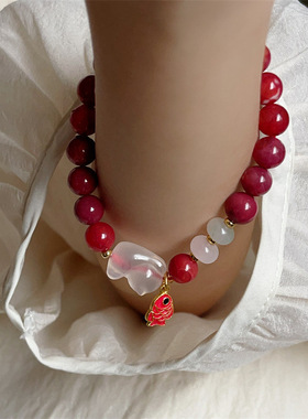 天然荔枝冻小猫钓鱼手链国潮学生手串小众设计感优化玉石手饰品