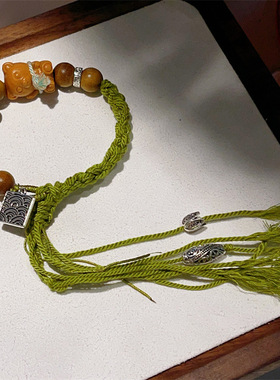 可爱小熊檀木手串原创卡通设计绿色棉绳抽拉手链学生手绳