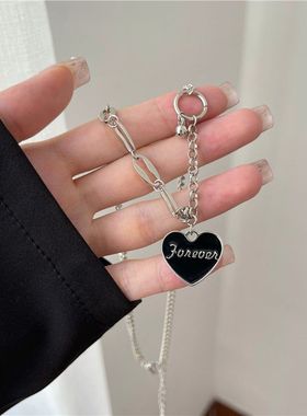 嘻哈项链男女黑色爱心锁骨链百搭毛衣链个性冷淡风网红钛钢朋克潮