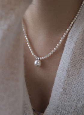 施家正圆玻璃珍珠王妃同款吊坠温柔气质锁骨链灰色真多麻项链