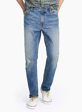 J.crew复古做旧水洗破洞浅蓝色直筒小脚弹性修身弹力牛仔裤Jcrew