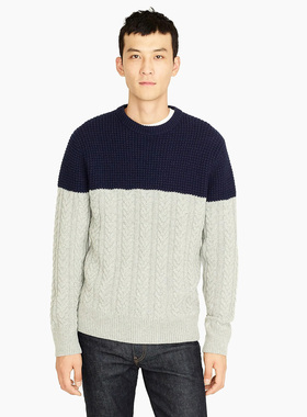 J.crew超厚重磅保暖美丽奴羊毛混纺拼接撞色针织毛衣秋冬男JCREW