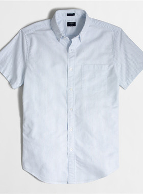 J.crew牛津纺纯色条纹扣领纯棉短袖修身商务休闲衬衫衣Jcrew