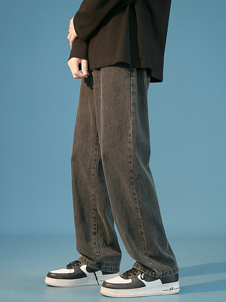 SMOKE GRAY HIGH-WAISTED STRAIGHT-LEG JEANS WOMENS 2024 NEW LOOSE PLUS SIZE SLIM FLEECE SPRING AUTUMN AND WINTER WIDE-LEG PANTS