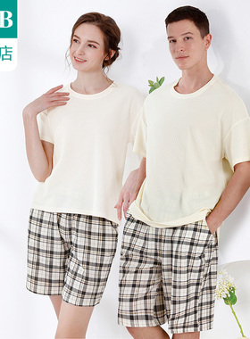 ab内衣纯棉华夫格短袖中裤休闲男女情侣家居套装J007/J008