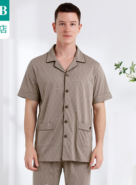 ab内衣睡衣男纯棉翻领开襟起居服短袖长裤男士家居套装G411