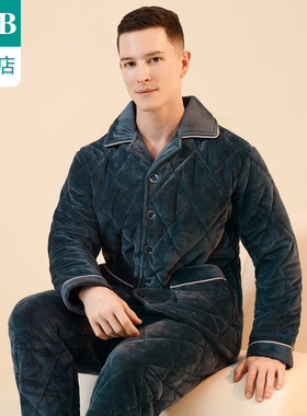 ab内衣睡衣男翻领开襟三层加厚夹棉加绒保暖法兰绒家居服套装J005