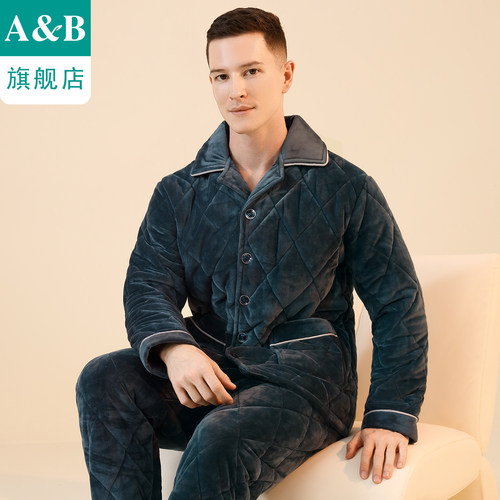 ab内衣睡衣男翻领开襟三层加厚夹棉加绒保暖法兰绒家居服套装J005