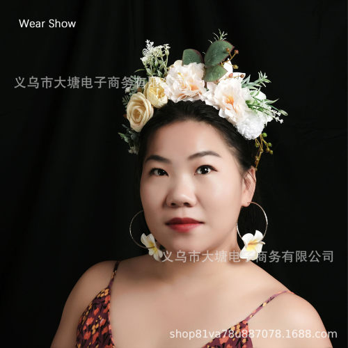 跨境爆款仿真高档欧式色系牡丹玫瑰簪花双面发箍拍照汉服头饰发箍