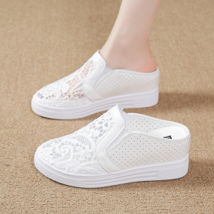 内增高坡跟包头半拖女鞋2025夏季新款百搭透气网面网鞋休闲小白鞋