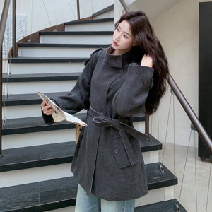 撞色拼接毛呢深灰色风衣外套女春秋季2025新款收腰显瘦小个子大衣,孕妇穿搭女秋季大码图片