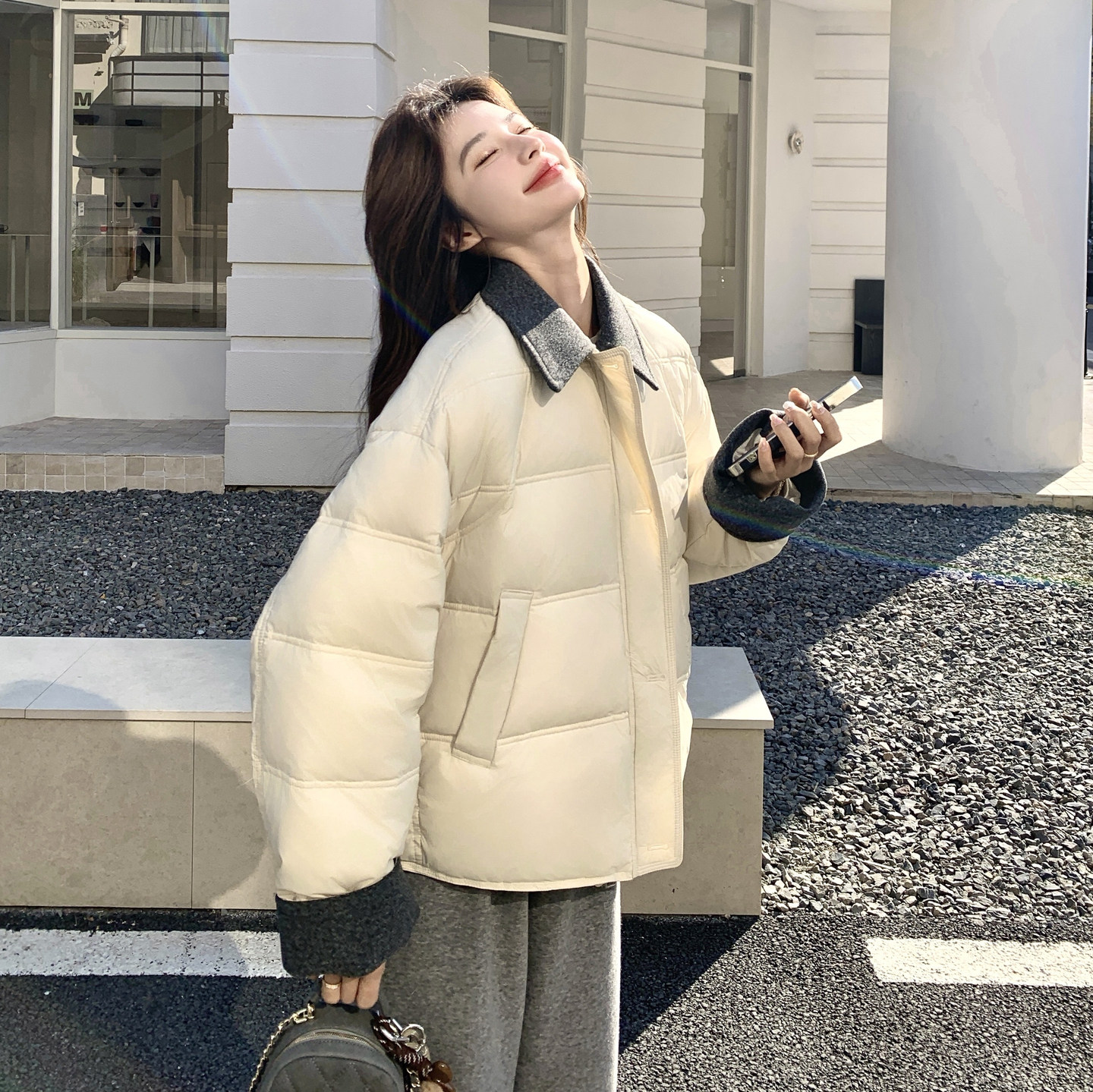 【现货】90白鸭绒撞色拼接翻领羽绒服157-3319-P285K428，女装羽绒服，浙宝157（原165A）