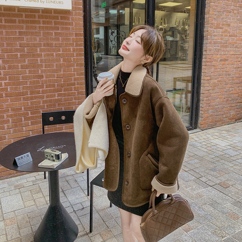 咖色两面穿皮毛一体外套女冬天2025新款加厚小个子美拉德皮毛一体,女装短外套,浙宝157（原165A）