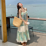 法式复古油画印花吊带连衣裙女2025夏季新款度假风绝美超好看长裙，女装连衣裙，浙宝157（原165A）