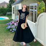 黑色字母印花短袖套装夏女2024新款韩系宽松减龄显瘦半身裙两件套，女装套装/套裙，浙宝157（原165A）