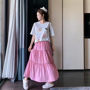 卡通T恤半身裙两件套女夏2025新款高腰气质显瘦中长款蛋糕裙套装图片