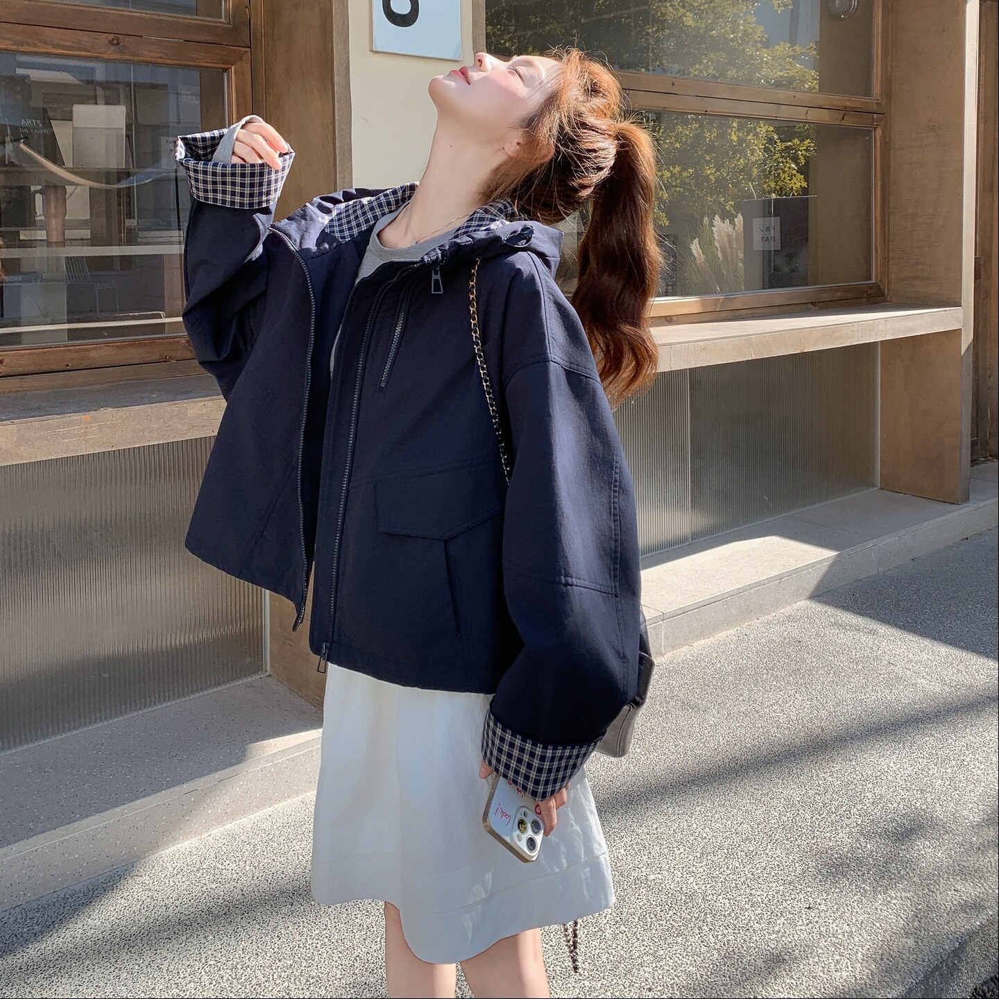 【现货】撞色格子双拉链冲锋衣外套157-2237-P155K228，女装短外套，浙宝157（原165A）