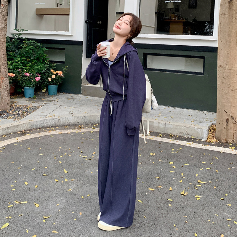 藏青色休闲连帽卫衣套装女2025春季新款超火减龄吊带阔腿裤三件套,女装运动套装,浙宝157（原165A）