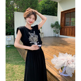 黑色字母印花短袖套装夏女2024新款韩系宽松减龄显瘦半身裙两件套，女装套装/套裙，浙宝157（原165A）