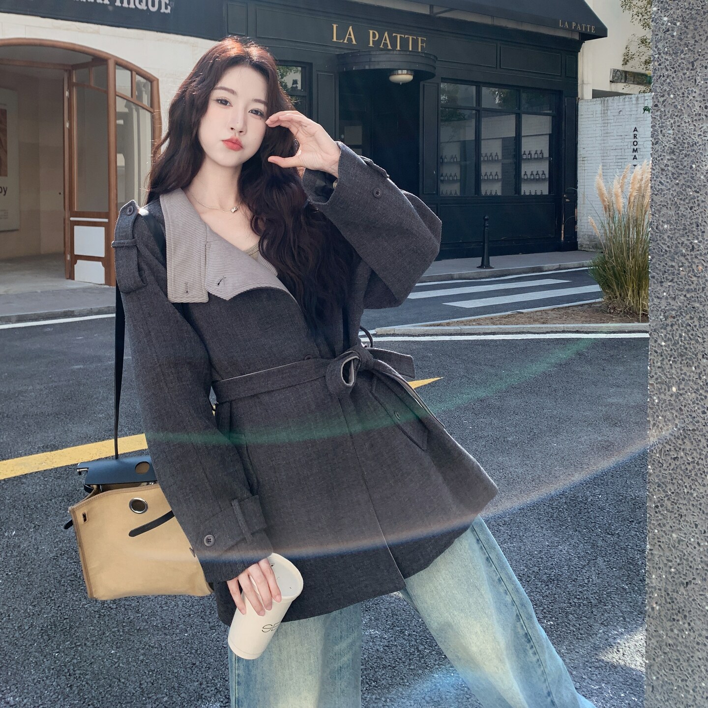 撞色拼接毛呢深灰色风衣外套女春秋季2025新款收腰显瘦小个子大衣,女装毛呢外套,浙宝157（原165A）