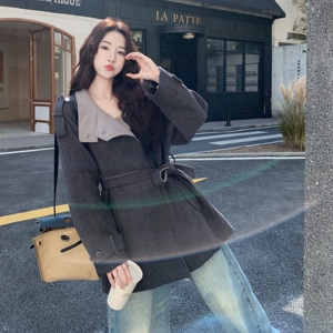 撞色拼接毛呢深灰色风衣外套女春秋季2025新款收腰显瘦小个子大衣图片